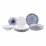 SET PIATTI IN PORCELLANA 18 PEZZI BLUE RAY MOD 50555 (6PIANI , 6 FONDI 6 FRUTTA) BLU MARINO MOTIVO ASTRATTO - DI.MO COMMERCIALE S.P.A. 50555